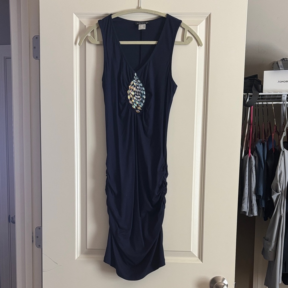 Venus Navy Sleeveless Midi Dress with Iridescent Teardrop Sequin New